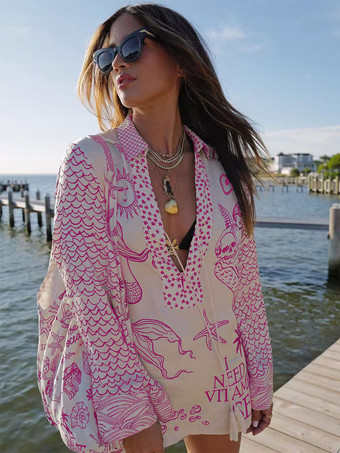 ローズレッドサテンプリントのレディースパジャマセット - 海辺のグラフィックVネック長袖シャツとショートパンツ - サマークルーズパーティー2026