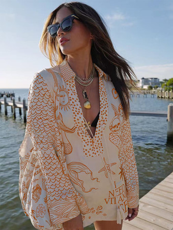 オレンジ サテンプリントのレディースパジャマセット - 海辺のグラフィックVネック長袖シャツとショートパンツ - サマークルーズパーティー2026