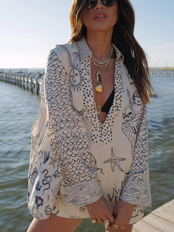 サテンプリントのレディースパジャマセット - 海辺のグラフィックVネック長袖シャツとショートパンツ - サマークルーズパーティー2026