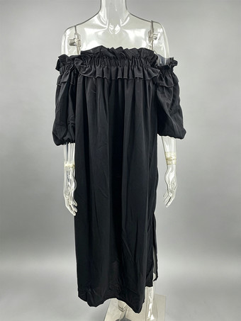 ホワイト オフショルダー ロングドレス レディース - リネンコットン ボヘミアン フリル ランタンスリーブ ゆったり ビーチ サンドレス - 2026年夏休み