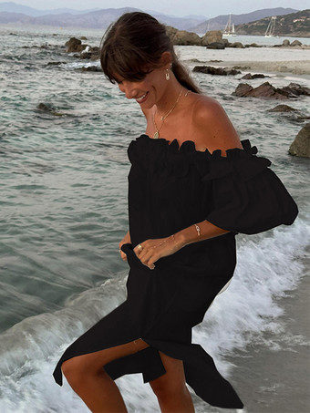 ホワイト オフショルダー ロングドレス レディース - リネンコットン ボヘミアン フリル ランタンスリーブ ゆったり ビーチ サンドレス - 2026年夏休み