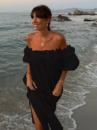 ブラック ホワイト オフショルダー ロングドレス レディース - リネンコットン ボヘミアン フリル ランタンスリーブ ゆったり ビーチ サンドレス - 2026年夏休み