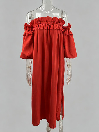 ホワイト オフショルダー ロングドレス レディース - リネンコットン ボヘミアン フリル ランタンスリーブ ゆったり ビーチ サンドレス - 2026年夏休み