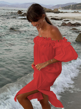 ホワイト オフショルダー ロングドレス レディース - リネンコットン ボヘミアン フリル ランタンスリーブ ゆったり ビーチ サンドレス - 2026年夏休み