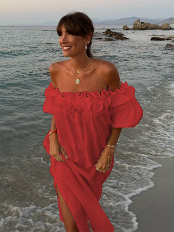 レッド ホワイト オフショルダー ロングドレス レディース - リネンコットン ボヘミアン フリル ランタンスリーブ ゆったり ビーチ サンドレス - 2026年夏休み