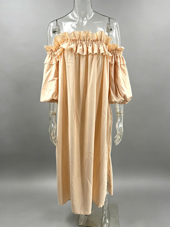 ホワイト オフショルダー ロングドレス レディース - リネンコットン ボヘミアン フリル ランタンスリーブ ゆったり ビーチ サンドレス - 2026年夏休み