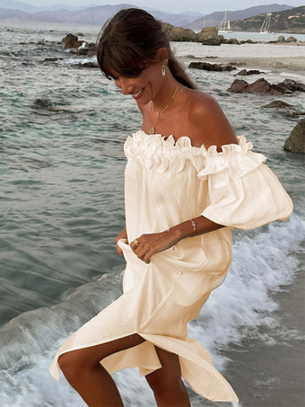 ホワイト オフショルダー ロングドレス レディース - リネンコットン ボヘミアン フリル ランタンスリーブ ゆったり ビーチ サンドレス - 2026年夏休み