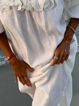 ホワイト オフショルダー ロングドレス レディース - リネンコットン ボヘミアン フリル ランタンスリーブ ゆったり ビーチ サンドレス - 2026年夏休み