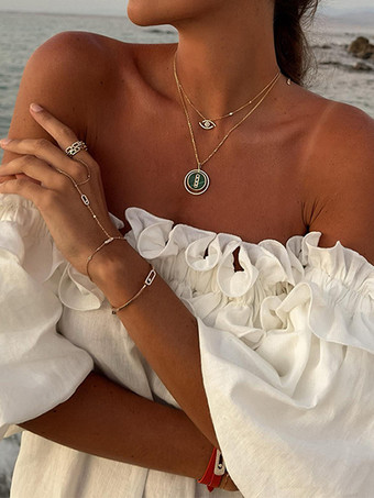 ホワイト オフショルダー ロングドレス レディース - リネンコットン ボヘミアン フリル ランタンスリーブ ゆったり ビーチ サンドレス - 2026年夏休み