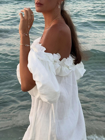 ホワイト オフショルダー ロングドレス レディース - リネンコットン ボヘミアン フリル ランタンスリーブ ゆったり ビーチ サンドレス - 2026年夏休み