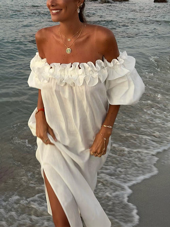 ホワイト オフショルダー ロングドレス レディース - リネンコットン ボヘミアン フリル ランタンスリーブ ゆったり ビーチ サンドレス - 2026年夏休み