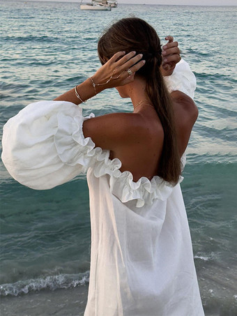 ホワイト オフショルダー ロングドレス レディース - リネンコットン ボヘミアン フリル ランタンスリーブ ゆったり ビーチ サンドレス - 2026年夏休み