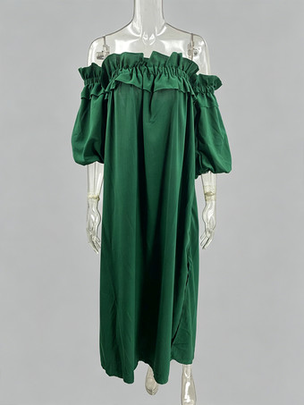 ホワイト オフショルダー ロングドレス レディース - リネンコットン ボヘミアン フリル ランタンスリーブ ゆったり ビーチ サンドレス - 2026年夏休み