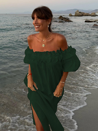 ホワイト オフショルダー ロングドレス レディース - リネンコットン ボヘミアン フリル ランタンスリーブ ゆったり ビーチ サンドレス - 2026年夏休み