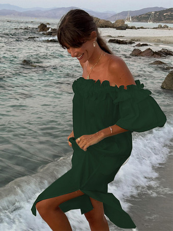 ダークグリーンホワイト オフショルダー ロングドレス レディース - リネンコットン ボヘミアン フリル ランタンスリーブ ゆったり ビーチ サンドレス - 2026年夏休み