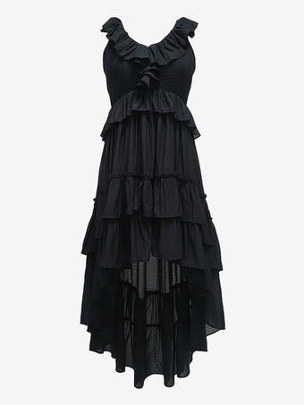 ボヘミアン風フリル付きハイローサマードレス（レディース） - スモックVネックノースリーブティアードフローリーミディドレス - 夏のビーチバケーション2026