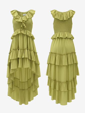 ボヘミアン風フリル付きハイローサマードレス（レディース） - スモックVネックノースリーブティアードフローリーミディドレス - 夏のビーチバケーション2026