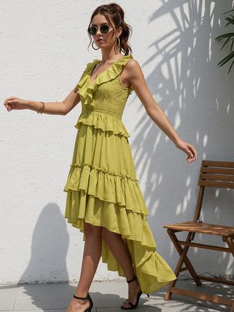 ボヘミアン風フリル付きハイローサマードレス（レディース） - スモックVネックノースリーブティアードフローリーミディドレス - 夏のビーチバケーション2026