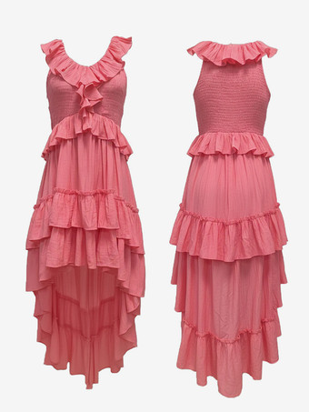 ボヘミアン風フリル付きハイローサマードレス（レディース） - スモックVネックノースリーブティアードフローリーミディドレス - 夏のビーチバケーション2026