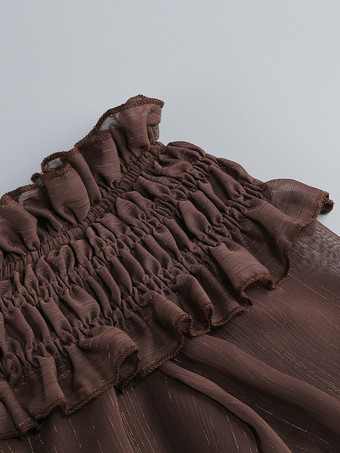 ボヘミアン風オフショルダーマキシドレス（レディース） - ブラウン、スモックウエスト、フリルシフォンティアード長袖ガウン - ビーチデートナイト2026