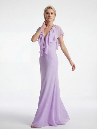 エレガントなフリル付きVネックシフォンマキシドレス（レディース） - ラベンダーカラーのボヘミアン風バックレスAラインサマードレス - 夏のビーチウェディングゲスト向け 2026