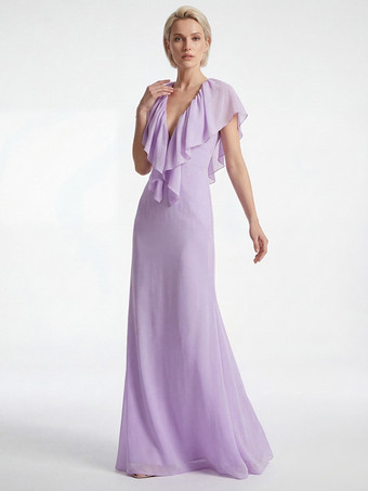 エレガントなフリル付きVネックシフォンマキシドレス（レディース） - ラベンダーカラーのボヘミアン風バックレスAラインサマードレス - 夏のビーチウェディングゲスト向け 2026