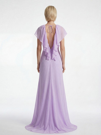 エレガントなフリル付きVネックシフォンマキシドレス（レディース） - ラベンダーカラーのボヘミアン風バックレスAラインサマードレス - 夏のビーチウェディングゲスト向け 2026