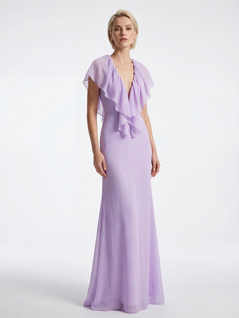 エレガントなフリル付きVネックシフォンマキシドレス（レディース） - ラベンダーカラーのボヘミアン風バックレスAラインサマードレス - 夏のビーチウェディングゲスト向け 2026