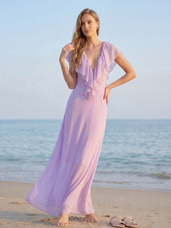 エレガントなフリル付きVネックシフォンマキシドレス（レディース） - ラベンダーカラーのボヘミアン風バックレスAラインサマードレス - 夏のビーチウェディングゲスト向け 2026