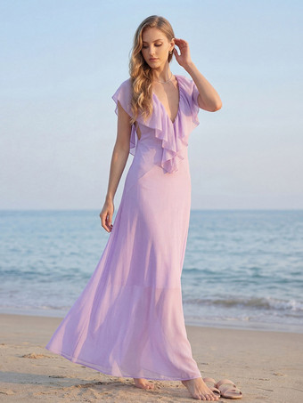 エレガントなフリル付きVネックシフォンマキシドレス（レディース） - ラベンダーカラーのボヘミアン風バックレスAラインサマードレス - 夏のビーチウェディングゲスト向け 2026
