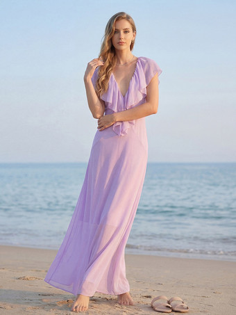 エレガントなフリル付きVネックシフォンマキシドレス（レディース） - ラベンダーカラーのボヘミアン風バックレスAラインサマードレス - 夏のビーチウェディングゲスト向け 2026