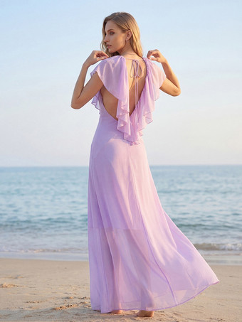 エレガントなフリル付きVネックシフォンマキシドレス（レディース） - ラベンダーカラーのボヘミアン風バックレスAラインサマードレス - 夏のビーチウェディングゲスト向け 2026