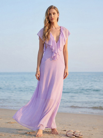 ラベンダーカラーエレガントなフリル付きVネックシフォンマキシドレス（レディース） - ラベンダーカラーのボヘミアン風バックレスAラインサマードレス - 夏のビーチウェディングゲスト向け 2026