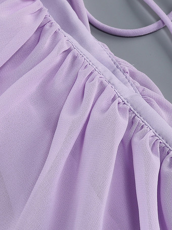 エレガントなフリル付きVネックシフォンマキシドレス（レディース） - ラベンダーカラーのボヘミアン風バックレスAラインサマードレス - 夏のビーチウェディングゲスト向け 2026