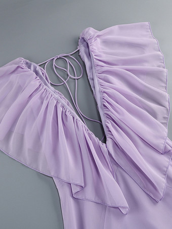 エレガントなフリル付きVネックシフォンマキシドレス（レディース） - ラベンダーカラーのボヘミアン風バックレスAラインサマードレス - 夏のビーチウェディングゲスト向け 2026