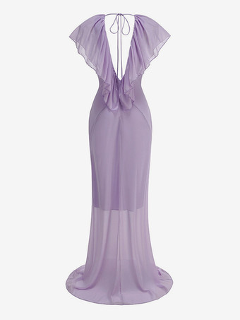 エレガントなフリル付きVネックシフォンマキシドレス（レディース） - ラベンダーカラーのボヘミアン風バックレスAラインサマードレス - 夏のビーチウェディングゲスト向け 2026