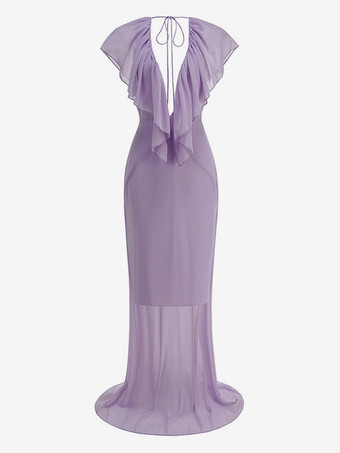 エレガントなフリル付きVネックシフォンマキシドレス（レディース） - ラベンダーカラーのボヘミアン風バックレスAラインサマードレス - 夏のビーチウェディングゲスト向け 2026