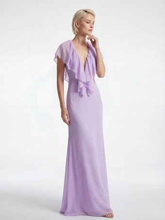 エレガントなフリル付きVネックシフォンマキシドレス（レディース） - ラベンダーカラーのボヘミアン風バックレスAラインサマードレス - 夏のビーチウェディングゲスト向け 2026