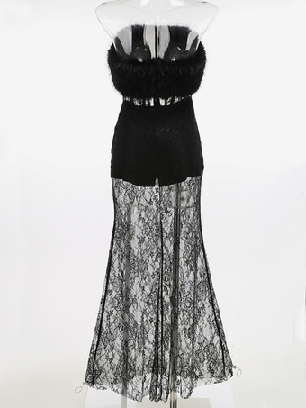 セクシーなフェイクファーレースマキシドレス（女性用） - ブラックストラップレスコルセットボディスーツロングガウン、シースルースカート付き - 夏のイブニングパーティー 2026