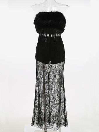 セクシーなフェイクファーレースマキシドレス（女性用） - ブラックストラップレスコルセットボディスーツロングガウン、シースルースカート付き - 夏のイブニングパーティー 2026