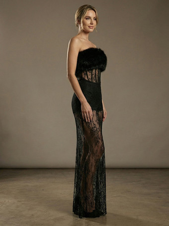 セクシーなフェイクファーレースマキシドレス（女性用） - ブラックストラップレスコルセットボディスーツロングガウン、シースルースカート付き - 夏のイブニングパーティー 2026