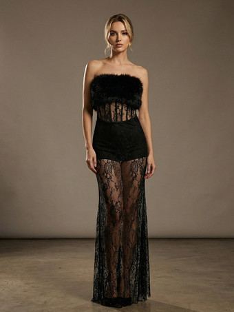 ブラック セクシーなフェイクファーレースマキシドレス（女性用） - ブラックストラップレスコルセットボディスーツロングガウン、シースルースカート付き - 夏のイブニングパーティー 2026