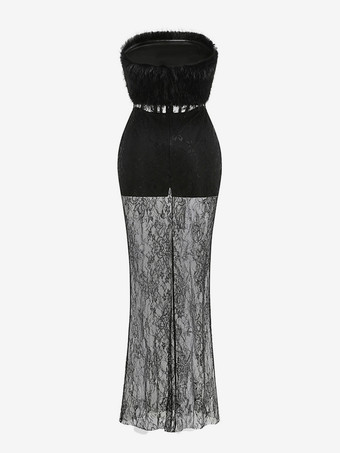 セクシーなフェイクファーレースマキシドレス（女性用） - ブラックストラップレスコルセットボディスーツロングガウン、シースルースカート付き - 夏のイブニングパーティー 2026