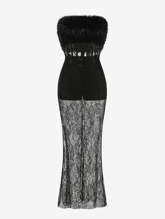 セクシーなフェイクファーレースマキシドレス（女性用） - ブラックストラップレスコルセットボディスーツロングガウン、シースルースカート付き - 夏のイブニングパーティー 2026