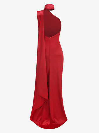 エレガントなロゼットホルターネックマキシドレス（女性用） - シルクのようなサテン素材、背中開き、ドレープネック、ノースリーブガウン - 2026年春のイブニングパーティー