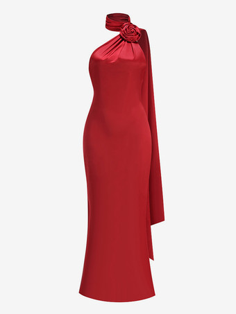 エレガントなロゼットホルターネックマキシドレス（女性用） - シルクのようなサテン素材、背中開き、ドレープネック、ノースリーブガウン - 2026年春のイブニングパーティー