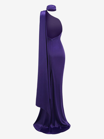 エレガントなロゼットホルターネックマキシドレス（女性用） - シルクのようなサテン素材、背中開き、ドレープネック、ノースリーブガウン - 2026年春のイブニングパーティー