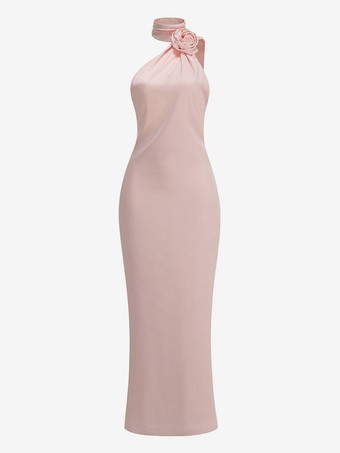 エレガントなロゼットホルターネックマキシドレス（女性用） - シルクのようなサテン素材、背中開き、ドレープネック、ノースリーブガウン - 2026年春のイブニングパーティー