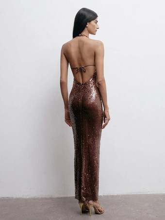 キラキラ輝くスパンコールのマキシ丈フォーマルドレス（女性用） - ブラウンのホルターネック、背中開き、ボディコン、スリムなロングガウン - 2026年夏のガラナイトアウトパーティー