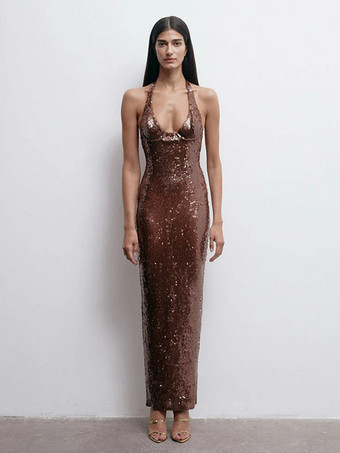 キラキラ輝くスパンコールのマキシ丈フォーマルドレス（女性用） - ブラウンのホルターネック、背中開き、ボディコン、スリムなロングガウン - 2026年夏のガラナイトアウトパーティー